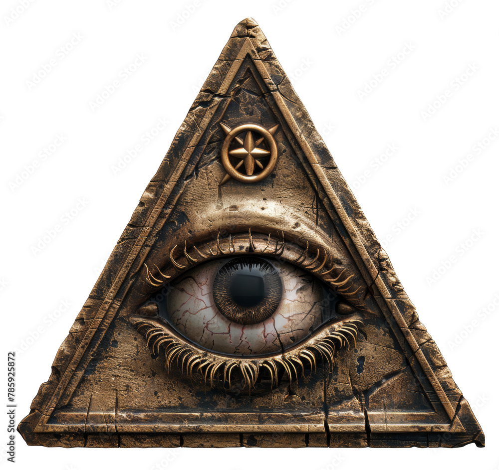 Wall mural Illuminati eye symbol on a textured pyramid backdrop isolated on transparent background