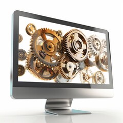 A sleek computer monitor displaying intricate mechanical gears symbolizing the integration of technology and engineering.