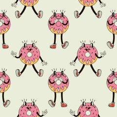 A seamless pattern with funny, cute and smiling donut character in a groovy style vector illustration