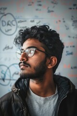 Standing in front of a whiteboard covered in diagrams and equations, a South Asian candidate participates in a technical interview, their analytical skills 