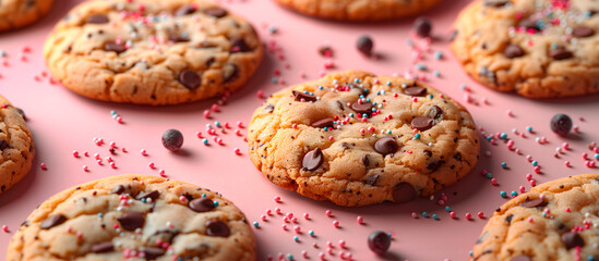 Creative food template. Chocolate chip cookies with scatter sprinkles seamless laying on pink...