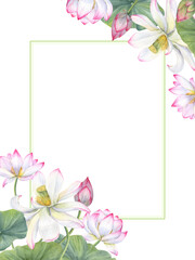 Oriental lotus flowers. Bouquet of Pink white waterlilies, green leaves. Horizontal frame of water lily. Floral composition with copy space for text. Watercolor illustration for wedding greeting