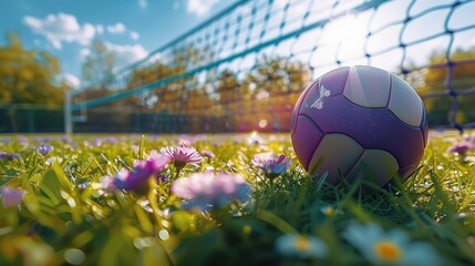 In the foreground lies a clean purple volleyball ball, on green grass with purple flowers, in the...