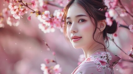 Beautiful Asian lady posing gracefully in a floral kimono under sakura blooms