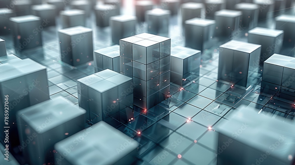 Aufkleber 3d illustration of of a powerful database, the ground where it sits is made of light gray cubes, 2d 