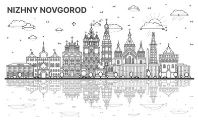 Outline Nizhny Novgorod Russia city skyline with modern, historic buildings and reflections isolated on white. Nizhny Novgorod cityscape with landmarks.