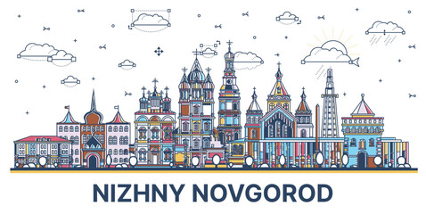 Outline Nizhny Novgorod Russia city skyline with colored modern and historic buildings isolated on white. Nizhny Novgorod cityscape with landmarks. - 785927033