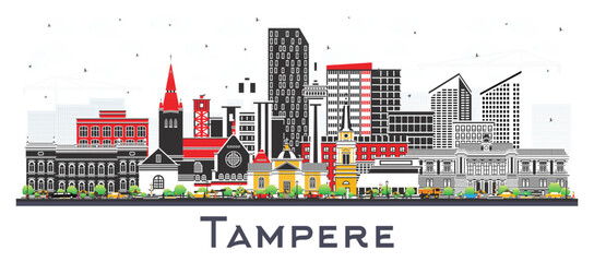 Tampere Finland city skyline with color buildings isolated on white. Tampere cityscape with landmarks. Business travel and tourism concept with modern and historic architecture.