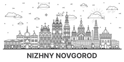 Outline Nizhny Novgorod Russia city skyline with modern and historic buildings isolated on white. Nizhny Novgorod cityscape with landmarks.