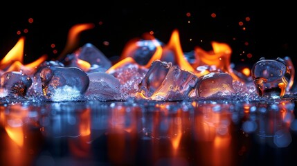 Ice, behind which there is a fire, a flame, on a black background. Confrontation between ice and fire. Ice versus fire. Contrast. Opposites. Heat versus cold. - obrazy, fototapety, plakaty