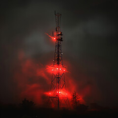 Naklejka premium Midnight Beacon: Signal Tower Shines Amidst Darkness, Guiding Lost Souls with its Illuminated Path Through Night's Embrace
