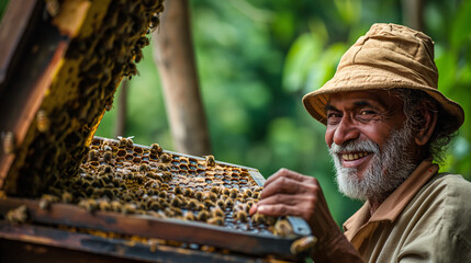 with joy as he carefully extracts a frame filled with bustling bees and glistening honeycomb, his passion for beekeeping evident in his expression.