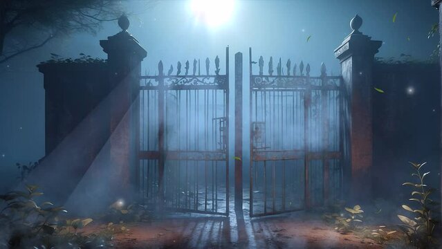 Witness the ghostly spectacle of a rusty iron trellis gate, its ancient bars bathed in a mysterious light in this haunting 4K looping video, where the passage of time seems to stand still