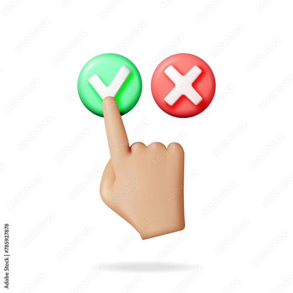 Aufkleber 3d right and wrong button shape and hand. green yes and red no correct incorrect sign. checkmark tic