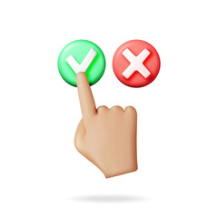 3D right and wrong button shape and hand. Green yes and red no correct incorrect sign. Checkmark tick rejection, cancel, error, stop, negative, agreement approval or trust symbol. Vector illustration