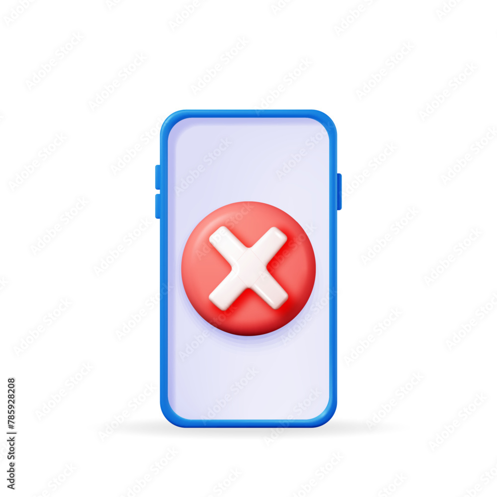 Poster 3d smartphone with wrong button in circle. render no incorrect sign on mobile phone. red checkmark t