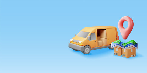 3D delivery van and cardboard boxes and map. Render express delivering services commercial truck. Concept of fast and free delivery by car. Cargo and logistic. Realistic vector illustration