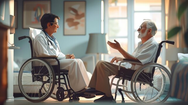 A young nurse takes care of an elderly male patient sit a wheelchair at home, take care elderly concept. Vector illustration style. Generative AI.