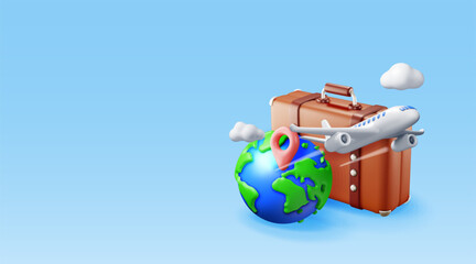3d vintage travel bag, globe and airplane. Render classic leather suitcase and planet earth. Travel element. Holiday or vacation. Transportation, trip concept. Vector illustration
