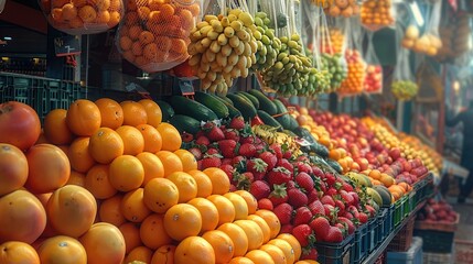 A colorful fruit market. Generative AI.