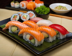 japanese sushi food. Maki ands rolls with tuna, salmon, shrimp, crab and avocado. Top view of assorted sushi. Rainbow sushi roll, uramaki, hosomaki and nigiri.