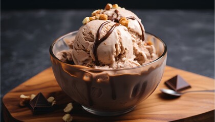 Nutty and decadent hazelnut gelato ice cream in a cup on top with chocolate syrup, cinematic food photography