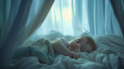In the quiet intimacy of a cozy bedroom, a peaceful baby boy lies asleep in his crib, surrounded by layers of soft blankets and plush pillows, bathed in the gentle radiance of moonlight.