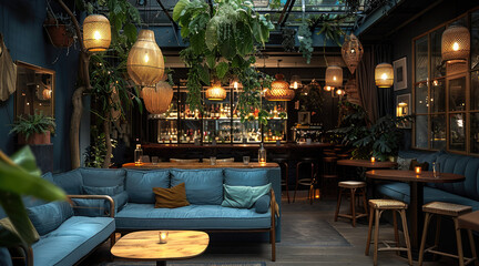 Fototapeta premium A restaurant in a secret garden. The ceiling is covered with hanging plants and lights. The sofa are organic and blue. Generative AI.