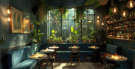 Obraz premium A restaurant in a secret garden. The ceiling is covered with hanging plants and lights. The sofa are organic and blue. Generative AI.