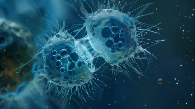 A closeup of a ciliate undergoing cell division with its body splitting into two equal parts while its cilia gather at one end. The . AI generation.