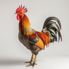 A vibrant rooster stands proudly, displaying its colorful feathers and bright red comb against a neutral backdrop. - obrazy, fototapety, plakaty