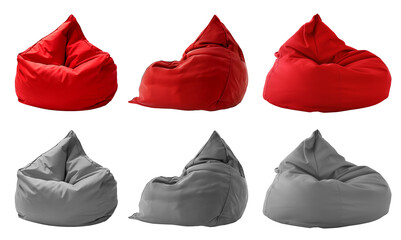2 Collection set of red maroon grey gray plain beanbag bean bag seat chair, front side view on transparent cutout, PNG file. Many angle. Mockup template for design - obrazy, fototapety, plakaty