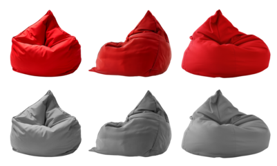 2 Collection set of red maroon grey gray plain beanbag bean bag seat chair, front side view on transparent cutout, PNG file. Many angle. Mockup template for design