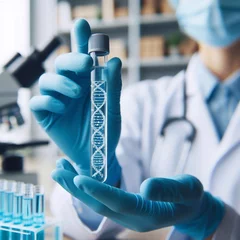 Fotobehang Researcher holds a test tube with water in a hand in blue glove © Cliff