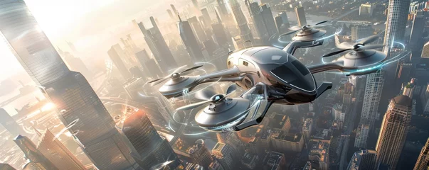 Foto op Canvas Futuristic personal transport revolutionized by the presence of air vehicles navigating through urban skies. © Nawarit