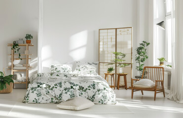 Vibrant green and white bedroom with tropical leaf print bedding, natural wood furniture, armchair, side table, bookcase against the empty wall, rug on the floor