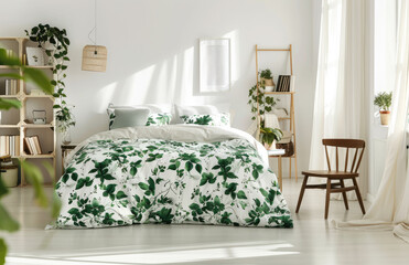 Vibrant green and white bedroom with tropical leaf print bedding, natural wood furniture, armchair, side table, bookcase against the empty wall, rug on the floor