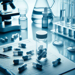 Capsules with medicine, pharmaceuticals, chemistry, tablets, blue tones, sterility, safety. Generative AI