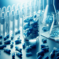Capsules with medicine, pharmaceuticals, chemistry, tablets, blue tones, sterility, safety. Generative AI
