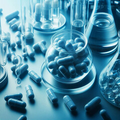 Capsules with medicine, pharmaceuticals, chemistry, tablets, blue tones, sterility, safety. Generative AI