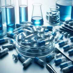 Capsules with medicine, pharmaceuticals, chemistry, tablets, blue tones, sterility, safety. Generative AI