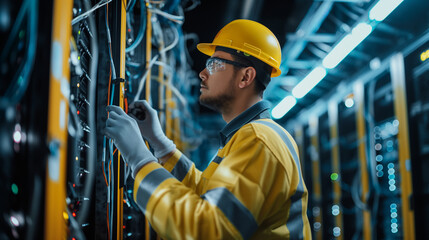 Against the backdrop of server racks, a side view portrait showcases a young technician clad in protective workwear, diligently configuring a network setup.