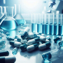 Capsules with medicine, pharmaceuticals, chemistry, tablets, blue tones, sterility, safety. Generative AI