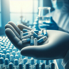 Capsules with medicine, pharmaceuticals, chemistry, tablets, blue tones, sterility, safety. Generative AI