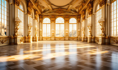 Opulent Neoclassical Grandeur: Golden Ballroom with Palatial Rococo Splendor - obrazy, fototapety, plakaty