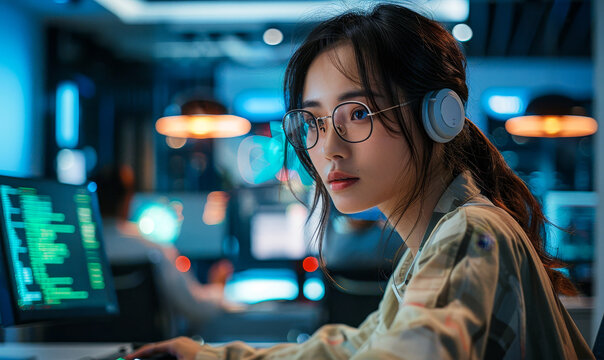 Female Game Developer Coding Intensely on PC in Diverse Studio Environment