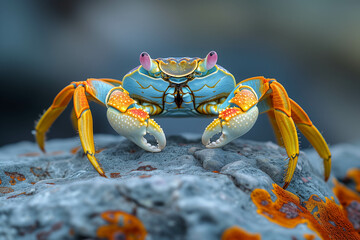 A red crab with claws scurries across the sandy beach near the ocean.