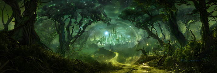 Mysterious Nighttime Journey through Magical Forest towards Emerald City in 'Oz' story