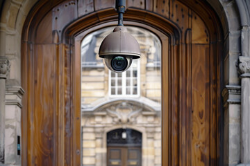 A Surveillance Camera Discreetly Installed at the Entrance of a Historical Building—Blending Modern Security with Heritage