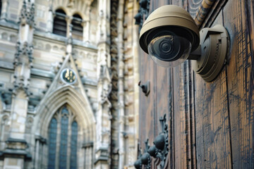 A Surveillance Camera Discreetly Installed at the Entrance of a Historical Building—Blending Modern Security with Heritage